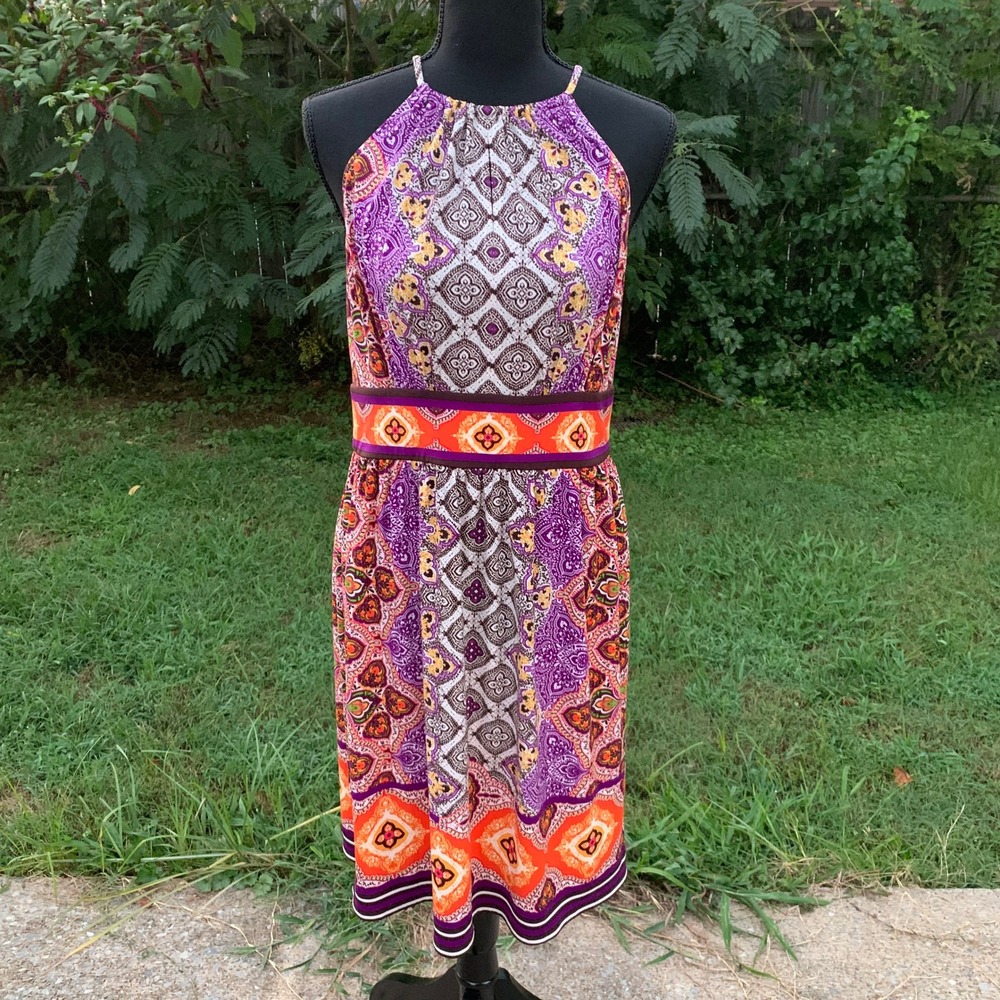 Boho Festival Halter Dress Sz 8 Geometric Paisley Print Multicolor Purple Orange